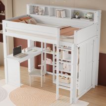 Camas altas de 90x200cm individuales para adultos/niños con escritorio, armario y estantería, MDF+pino+contrachapado, sin colchón, blanco