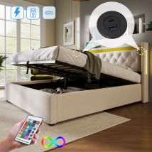 Modfu - Camas con almacenaje 140x200cm, camas para adulto, usb, led, algodón, sin colchón, beige