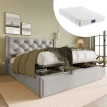 Camas canapés 160x200 cm, cama doble para adultos, somier de láminas, algodón, colchón incluido, gris beige