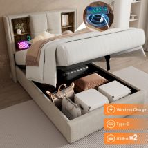 Modfu - Camas con almacenaje 90x200 cm, camas para adulto, usb, Tipo-C, sin colchón, natural, lino