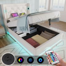 Camas con almacenaje 90x200 cm camas para adulto, hidráulico, USB, LED, PU, ​​sin colchón, blanco