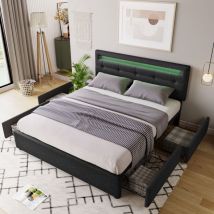 Modfu - Camas con cajones 140x200 cm con 4 cajones, camas dobles para adultos/niños, cabecero regulable en altura, led, lino, sin colchón, negro