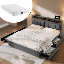 Camas con cajones 140x200cm con 4 cajones, camas dobles para adultos/niños, cabecero regulable en altura, usb, lino, con colchón, gris