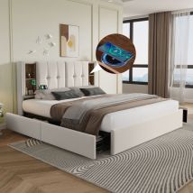 Modfu - Camas con cajones 160x200cm camas dobles para adultos, 4 cajones, usb-c, somier de láminas, sin colchón, beige, terciopelo