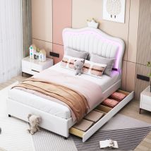 Modfu - Camas con cajones 90x200cm con 2 cajones, camas individuales para adultos/niños, cabecero con moldura de corona, led, somier de láminas, pu,
