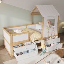 Modfu - Camas con cajones 90x200cm con 4 cajones, camas individuales para niños, con ventana, pino + mdf + contrachapado, sin colchón, blanco +