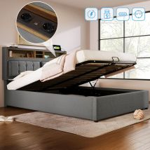 Modfu - Camas con almacenaje 140x200 cm, camas para adulto, cabecero con compartimentos de almacenaje, usb, lino, sin colchón, gris