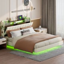 Camas dobles para adultos 160x200cm, cabecero con almacenaje, usb, led, lino, sin colchón, beige
