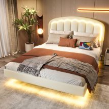 Camas dobles para adultos 140x200cm con cabecero, LED, somier de láminas, PU, ​​sin colchón, blanco