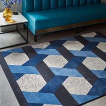 Camden Wool Viscose Hand Tufted Geometric Blue Grey Rug Large 160x230 cm (5'3"x7'7")