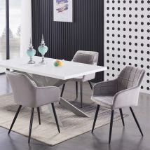 Pn Home - Duke lux Camden Dining Set - a White Wooden Dining Table and Set of 4 Light Grey Velvet Dining Chairs - Dining Room Kitchen