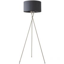 Minisun - Camden Modern Brushed Chrome Metal Tripod Floor Lamp with Dark Grey Cylinder Shade - Includes 6w led Bulb 3000K
