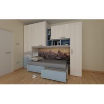 Mobilfino Camerette - Cameretta a ponte completa con letto estraibile e comodino illuminato - Rovere Rock e Avio