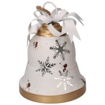 Campana de metal con copos de nieve dorados y crema ø23x28 cm