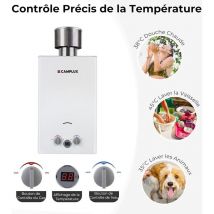 Camplux - Chauffe-eau à Gaz propane/butane 10L, Chauffe-eau à gaz instantanés 20KW avec Housse de pluie - BW264C-DE - 50mbar - Blanc