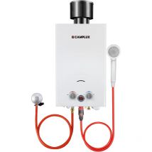 Camplux - Gas-Wassererwärmer 10L Propan/Butan, Gas-Durchlauferhitzer 20KW mit Regenhülle - BW264C - 30/37 mbar - Weiß