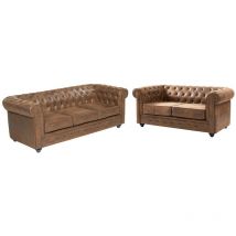 Vente-unique - Canapés 3 places et 2 places chesterfield en microfibre aspect cuir vieilli