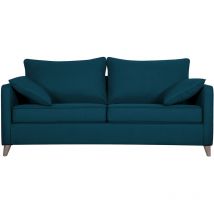 Miliboo - Canapé convertible scandinave 3 places en tissu bleu canard et bois clair avec matelas 10 cm papel