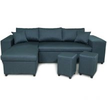 Usinestreet - Canapé d'angle réversible mady avec coffre, accoudoir étagère et poufs droit en tissu bleu