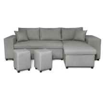 Canapé D'Angle Réversible Mady Avec Coffre, Accoudoir Étagère Et Poufs Gauche En Tissu Gris Clair