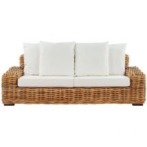 Canapé Intérieur et Extérieur 3 Places en Rotin Marron avec Coussins Blancs et Table Basse Assortie pour Terrasse au Style Boho Forli Beliani