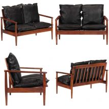Canapé 2 places noir cuir véritable et bois d'acacia solide - Canapé Deux Places - Canapé En Cuir - Canapé Vintage - Canapé Acacia - Meubles Salon