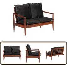 Canapé 2 places noir cuir véritable et bois d'acacia solide - Canapé Deux Places - Canapé En Cuir - Canapé Vintage - Canapé Acacia - Meubles Salon