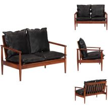 Canapé 2 places noir cuir véritable et bois d'acacia solide - Canapé Deux Places - Canapé En Cuir - Canapé Vintage - Canapé Acacia - Meubles Salon
