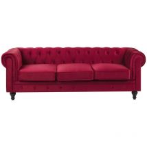 Beliani - Canapé 3 Places en Velours Rouge Assise Rembourrée Large Dossier Points Chesterfield