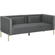 Homcom - Canapé 3 places design contemporain - 2 coussins inclus - piètement circulaire métal doré velours gris