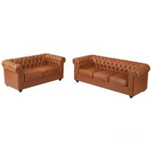 Vente-unique - Canapé 3 places et 2 places en cuir de vachette camel chesterfield
