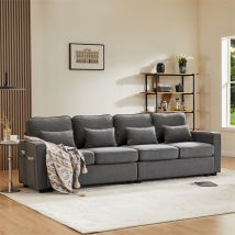Canapé 4 places, 264x83x87cm, tissu lin, avec poches d'accoudoir et 4 coussins, style simple, pour le salon, gris foncé