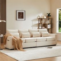 Canapé 4 places, 264x83x87cm, tissu lin, avec poches d'accoudoir et 4 coussins, style simple, pour le salon, beige