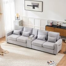 Canapé 4 places, canapé 4 personnes, canapé capitonné gris en lin avec console, 2 porte-gobelets, 2 ports USB et 4 coussins