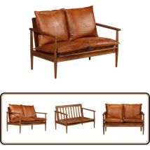 Canapé à 2 places Cuir véritable avec bois d'acacia Marron - Canapé Deux Places - Canapé Cuir - Canapé Vintage - Canapé Design - Meubles Salon