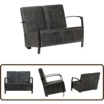 Canapé à 2 places gris délavé cuir véritable - Canapé Deux Places - Canapé Vintage - Canapé Cuir - Canapé Gris - Mobilier Salon