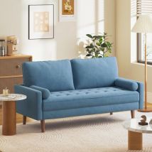 Keepbuying - Canapé à 3 places en Tissu Lin Moderne avec Accoudoirs,Pieds Bois Massif - 173 x 77 x 84cm - Bleu