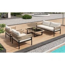 Canapé alon de jardin, pieds réglables, plateau de table en verre lisse, ensemble de 4, y compris tous les coussins d'assise et de dossier, beige