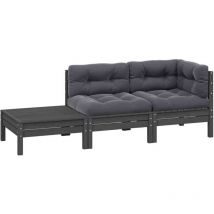 Salon de jardin 3 pcs avec coussins Gris Bois de pin massif
