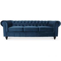 Intensedeco - Canape Chesterfield Velours 3 Places Altesse Bleu foncé