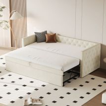 Hauss Spole - Canapé convertible 90x200 cm, lit adulte/enfant capitonné avec lit gigogne, velours, beige, sans matelas
