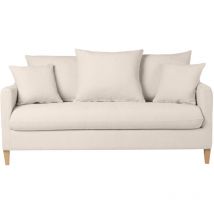 Canapé convertible scandinave 3 places en tissu effet velours beige et bois clair LOUISE