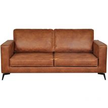 Miliboo - Canapé vintage 3 places cuir marron cognac aspect vieilli et métal noir sonny