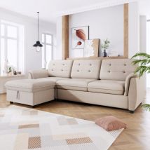 Modernluxe - Canapé d'angle 3 places - tissu en lin - repose-pieds avec rangement - Beige