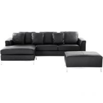 Canapé Angle à Droite en Cuir Véritable Noir et Pouf Ottoman Housses Amovibles Oslo