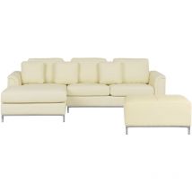 Canapé Angle à Droite en Cuir Véritable Beige et Pouf Ottoman Housses Amovibles Oslo