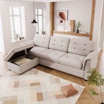 Hauss Spole - Canapé d'angle en l, Canapé rembourré avec 1 rangement repose ottoman, Lin, beige