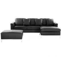 Canapé Angle à Gauche en Cuir Véritable Noir et Pouf Ottoman Housses Amovibles Oslo