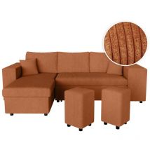 Canapé d'angle réversible mady avec coffre, rangement poufs à droite en velours côtelé terracotta