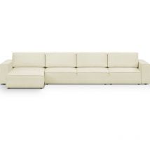 Canapé d'angle modulable réversible convertible 7 places avec coffre de rangement en tissu bouclé écru - Harper Mod